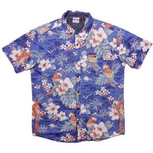 RON JON SURF SHOP Short Sleeve Hawaiian Shirt Blue Floral Parrot Macaw Large L